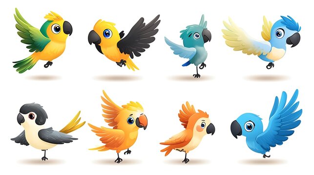 A playful variety of cartoon parrots in colorful flying and perched poses, perfect for tropical and rainforest-themed designs. 