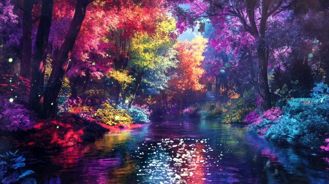magical forest with vibrant colorful plant tree with stream river, dream fantasy concept video animation background Seamless looping time-lapse 4k quality