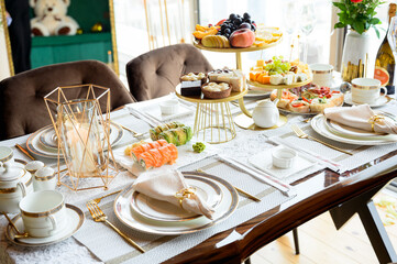Arranged festive table. Table with snacks for a special occasion Romantic dinner