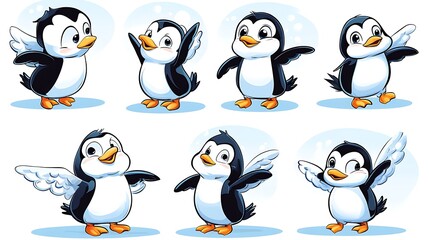 Fototapeta premium A playful variety of cartoon penguins in dynamic sliding and waddling poses, perfect for arctic and winter-themed designs. 