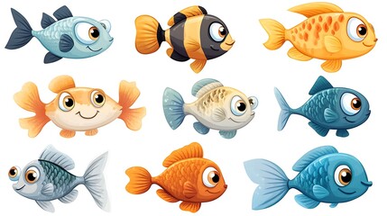 A vibrant array of cartoon fish in various swimming poses, great for aquatic and underwater-themed projects. 