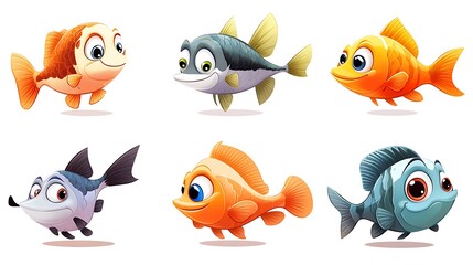 Fototapeta premium A vibrant array of cartoon fish in various swimming poses, great for aquatic and underwater-themed projects. 