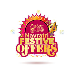 Navratri festive offers logo concept for sale and Shopping promotion. Goddess durga with indian traditional vintage golden ornament frame design.