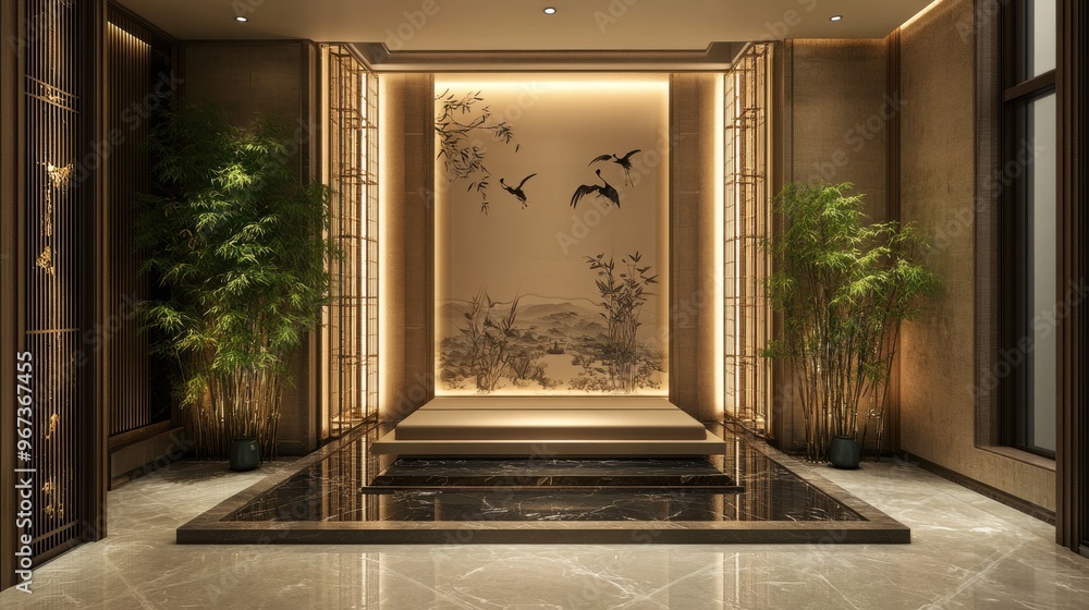 Wall mural Elegant traditional Chinese bamboo and crane mural with tranquil Japanese aesthetic and soothing landscape design