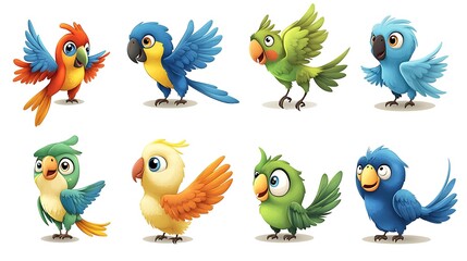 Naklejka premium A whimsical assortment of cartoon parrots in colorful flying and perched poses, ideal for tropical and rainforest-themed designs. 
