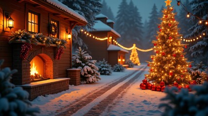 Fototapeta premium Cozy Snowy Christmas Village with Lit Fireplace and Decorated Christmas Tree - Winter Holiday Illustration