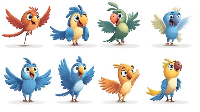 A whimsical assortment of cartoon parrots in colorful flying and perched poses, ideal for tropical and rainforest-themed designs. 