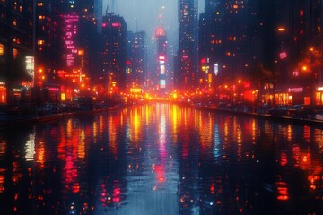 shimmering cityscape reflected in a mirrorlike river at twilight neon lights and skyscrapers creating a dazzling urban symphony