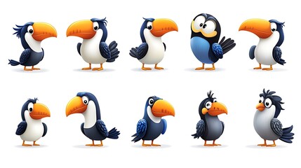 Obraz premium A whimsical collection of cartoon toucans in colorful perched and flying poses, ideal for tropical and rainforest-themed illustrations. 