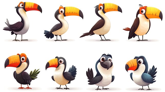 A whimsical collection of cartoon toucans in colorful perched and flying poses, ideal for tropical and rainforest-themed illustrations. 
