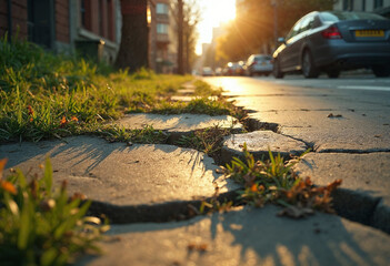 Fototapeta premium A cracked, overgrown sidewalk with grass and weeds emerging through the surface highlights the balance between decay and nature's resilience in an urban setting.
