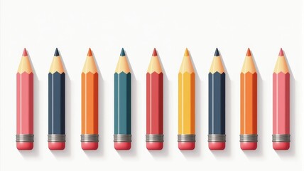 Naklejka premium Colorful Pencils Illustration in a Row - Back to School Supplies with Retro Art Style