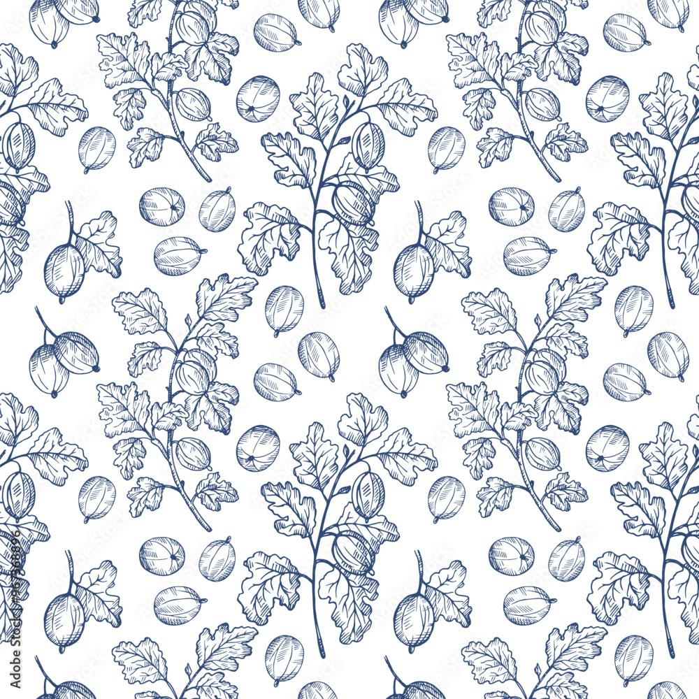 Wall mural Vector seamless pattern with Gooseberry fruits. Hand drawn Repeating background with engraved berries plants, branches, sweet gooseberries. For textile, wrapping, label, logo, paper, design,  card