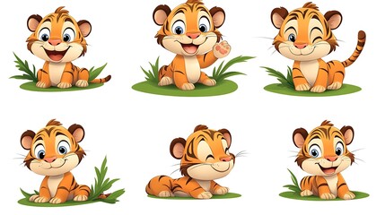 Fototapeta premium A charming assortment of cartoon tigers in playful stalking and resting poses, ideal for jungle and wildlife illustrations. 