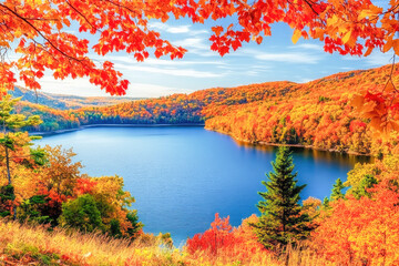 An autumn landscape with a calm blue lake surrounded by vibrant fall foliage in red, orange, and yellow hues. The peaceful scene highlights nature's beauty during the fall season. 