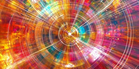 A vivid, abstract depiction of joy with swirling colors, geometric shapes, and glowing symbols, creating a dynamic, energetic background