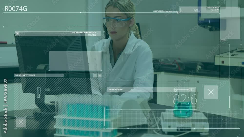 Sticker animation of data processing over caucasian female scientist working in lab