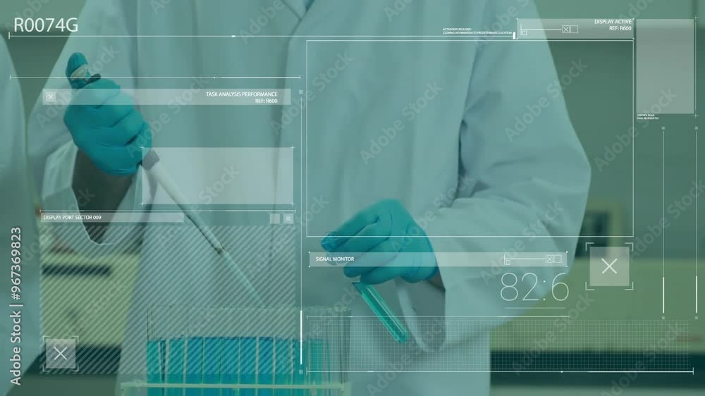 Poster animation of data processing over caucasian male scientist working in lab