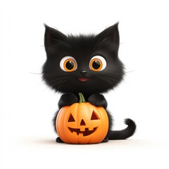 Cute Black Cat Holding a Jack-o'-Lantern Pumpkin for Halloween