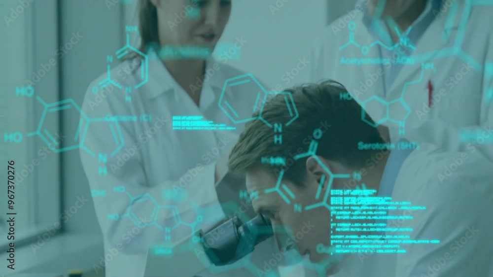 Poster animation of chemical formula and data processing over diverse scientists working in lab