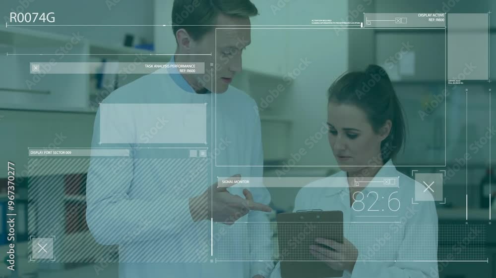 Poster animation of data processing over diverse scientists working in lab