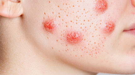 Fototapeta premium Close up of a person's face with acne, showcasing skin health issues and the impact of blemishes on appearance
