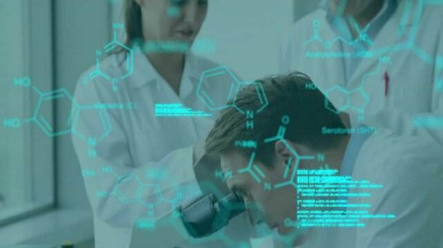 Animation of chemical formula and data processing over diverse scientists working in lab - Powered by Adobe