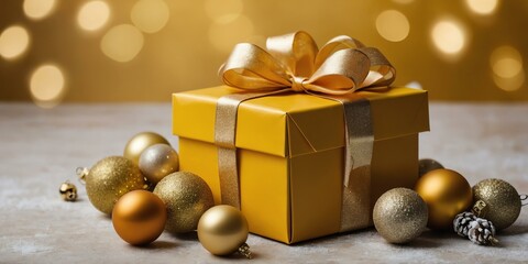 beautiful yellow gift box on an aesthetic Christmas concept background