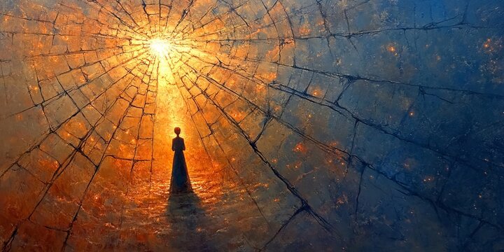 An abstract depiction of harm and healing with dark, jagged shapes breaking apart to reveal bright, glowing core patterns underneath