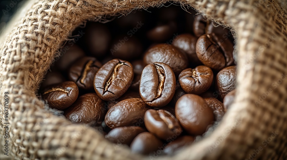 Wall mural Close up view of opened coffee beans bag with detailed texture and dark brown color new beautiful stock image illustration AI