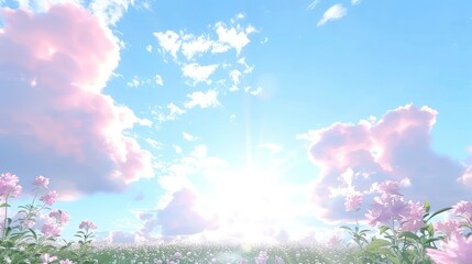 A serene landscape with blooming flowers under a bright, sunny sky filled with clouds.