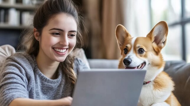Young woman enjoys quality time with her corgi while working on a laptop at home in a cozy living room