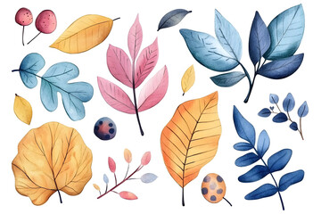 Obraz premium Hand drawn autumn collection of colorful plants and leaves isolated on white background 