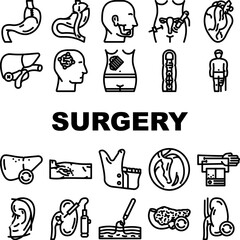 Obraz premium surgery doctor scalpel icons set vector. surgeon hospital, clinic instruments, scrub mask, gloves gown, emergency, trauma surgery doctor scalpel black contour illustrations