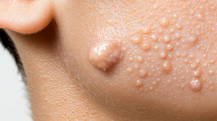 Fototapeta premium Close up of acne on human skin showing pimples and blemishes, representing skincare and dermatological issues