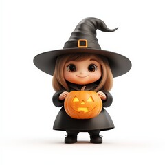 Cute Cartoon Witch Holding a Jack-o'-lantern