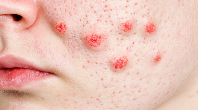 Close up of acne on young person's skin, highlighting the impact of skin conditions on appearance and self esteem