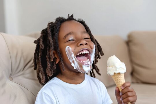 Cheerful boy sunny smile and dreadlocks enjoys carefree moment. Youthful and vibrant boy's hair bounces energy. Kid beams with joy while enjoying ice cream.