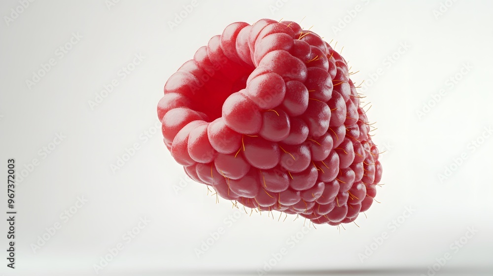 Poster 18. **a 3d render of a falling raspberry, its rich red color and texture set against a clean white b