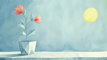 A minimalist watercolor illustration of a potted flower with a sunny background.