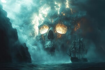 Naklejka premium skullshaped mountain cavern at twilight bioluminescent fungi ghostly mist pirate ship silhouette ominous stormy seas