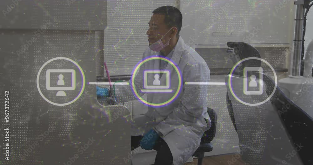 Poster animation of network of connections with icons over biracial male dentist using computer