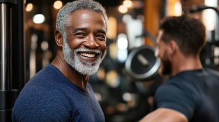 Smiling senior man in gym. This photo is perfect for websites, blogs, or social media promoting fitness and healthy living.