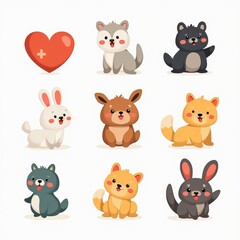 Obraz premium Adorable Cartoon Animals with Heart Illustration for Kids - Cute Pet Characters for Children's Books and Nursery Decor.