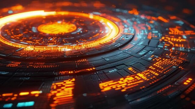 Circular server generates data with a bright orange light, symbolizing the interconnected world of information and communication. Blue and orange hues create a modern digital background