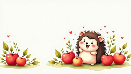Obraz premium Cute hedgehog surrounded by red apples and green leaves, perfect for children's themes and playful designs.