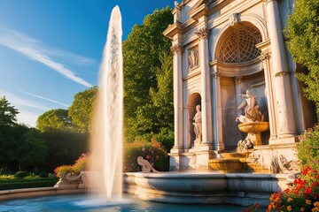 Obraz premium Vibrant summer scene of Fontain, an ancient fountain with a majestic water jet soaring high into the air,