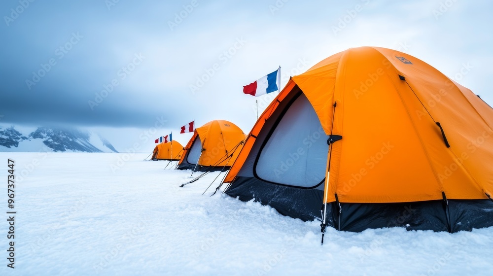 Wall mural research base camp in antarctica with international flags and tents amid snowy landscape under overc