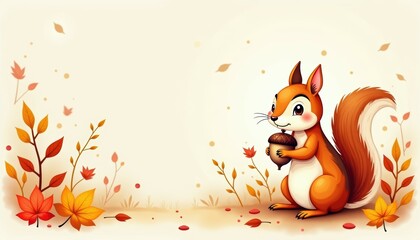 A charming cartoon squirrel holding an acorn amid colorful autumn leaves, perfect for seasonal designs and illustrations.