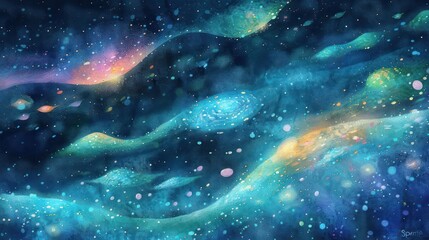 A vibrant cosmic landscape featuring swirling galaxies and colorful starfields.